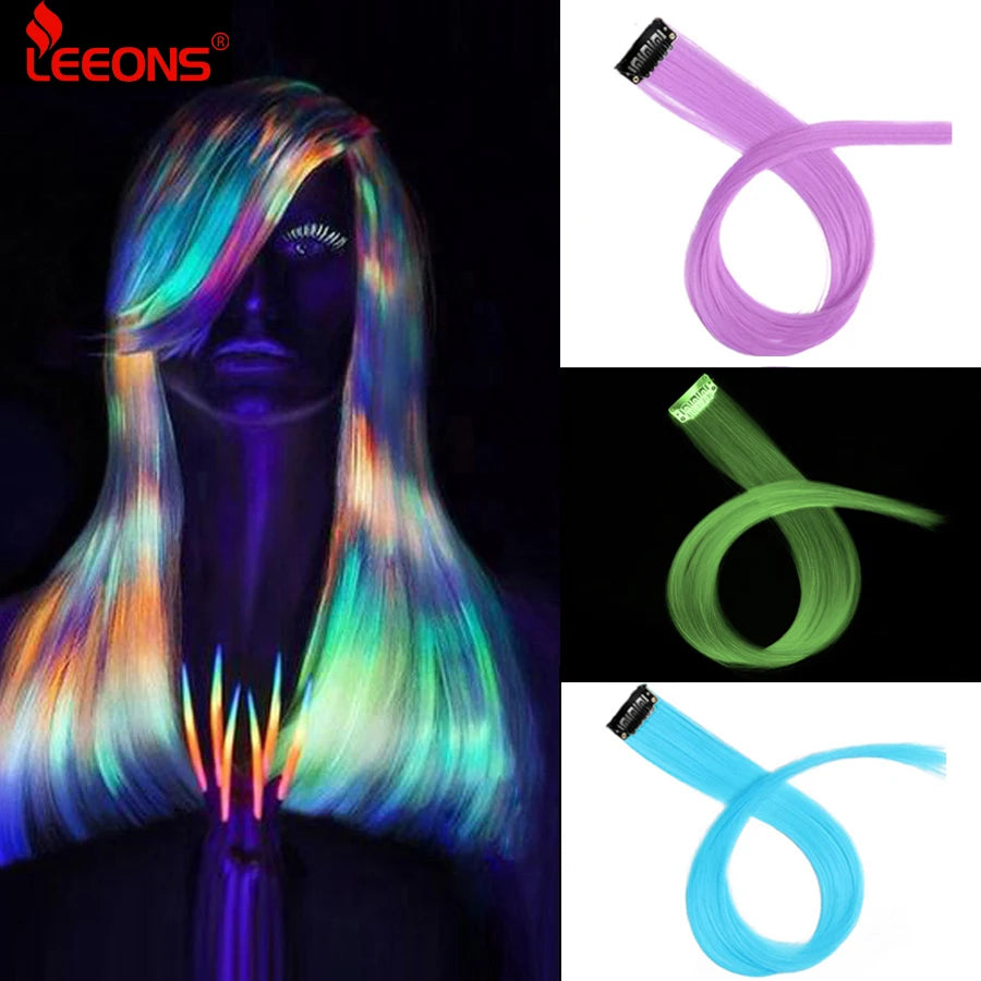 Leeons Clip in One Pieces Hair Extensions Straight Ombre Purple Blue Pink Extension Hair Women Synthetic False Fake Hair