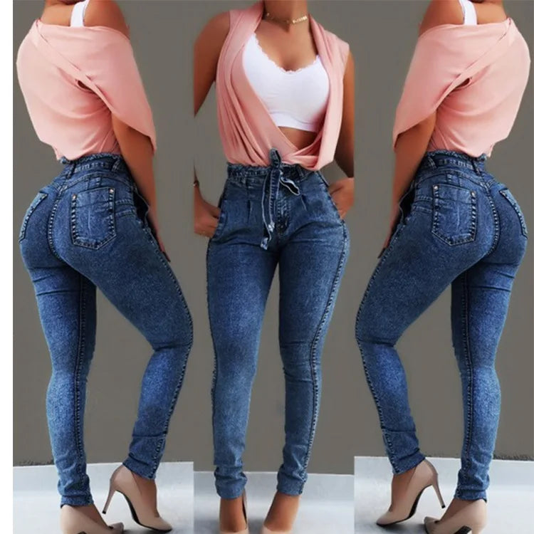 High Waist Jeans for Women Slim Stretch Denim Jean Bodycon Tassel Belt Bandage Skinny Push Up Jeans Woman Clothe 4XL 5XL