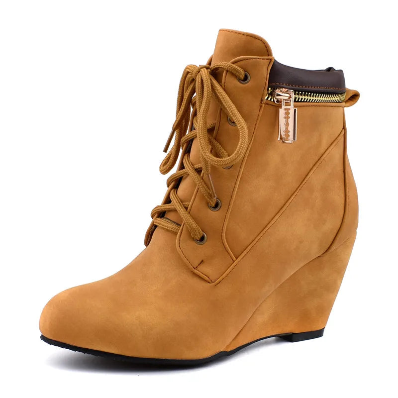 Winter Women Snow Boots Round Toe Lace Up Casual Wedge Ankle Boots for Women Shoes High Heels Women Motorcycle Boot Large Size