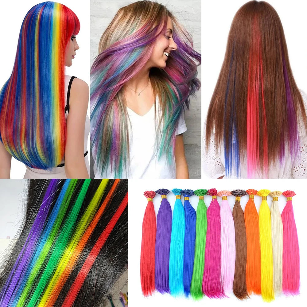 20 Strands/Pack Random Ten Colors Synthetic Colored I-Tip Stick Hair Extensions Straight Hair 16 Inch for Women High Temperature
