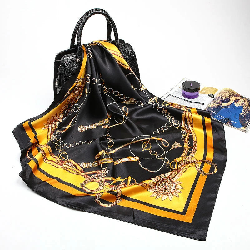 Fashion Kerchief Silk Satin Neck Scarf for Women Print Hijab Scarfs Female 90*90cm Square Shawls and Wraps Scarves for Lady
