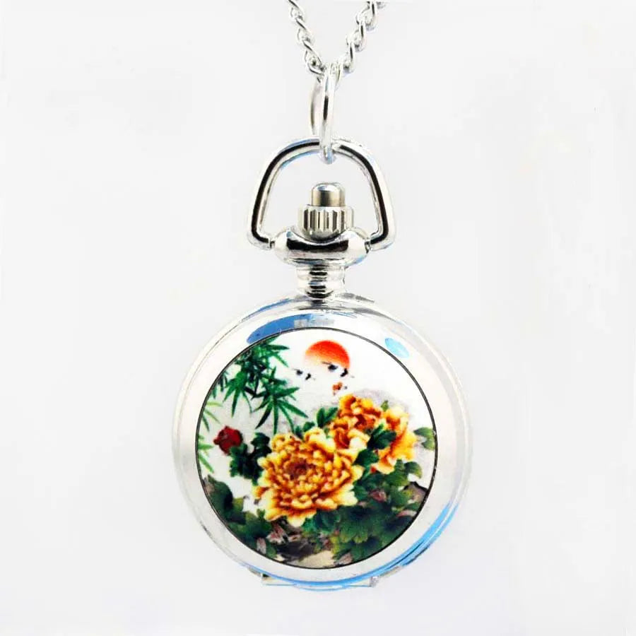 Shsby Vintage Pocket Watches  Flower Fashion Silver Chain Necklace Quartz Watch Women Dress Watches Children's Cartoon Watches