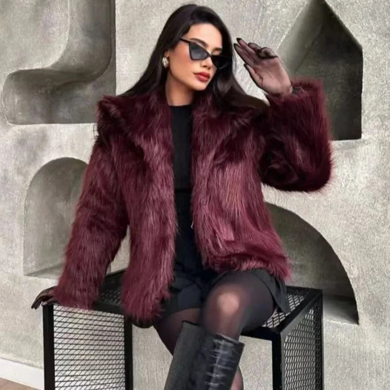 HXAO Women's Fur Coat Women  Plush Burgundy Bomber Jacket Solid Crop Long Sleeve Jacket Warm Winter Coats Woman Casual Coats