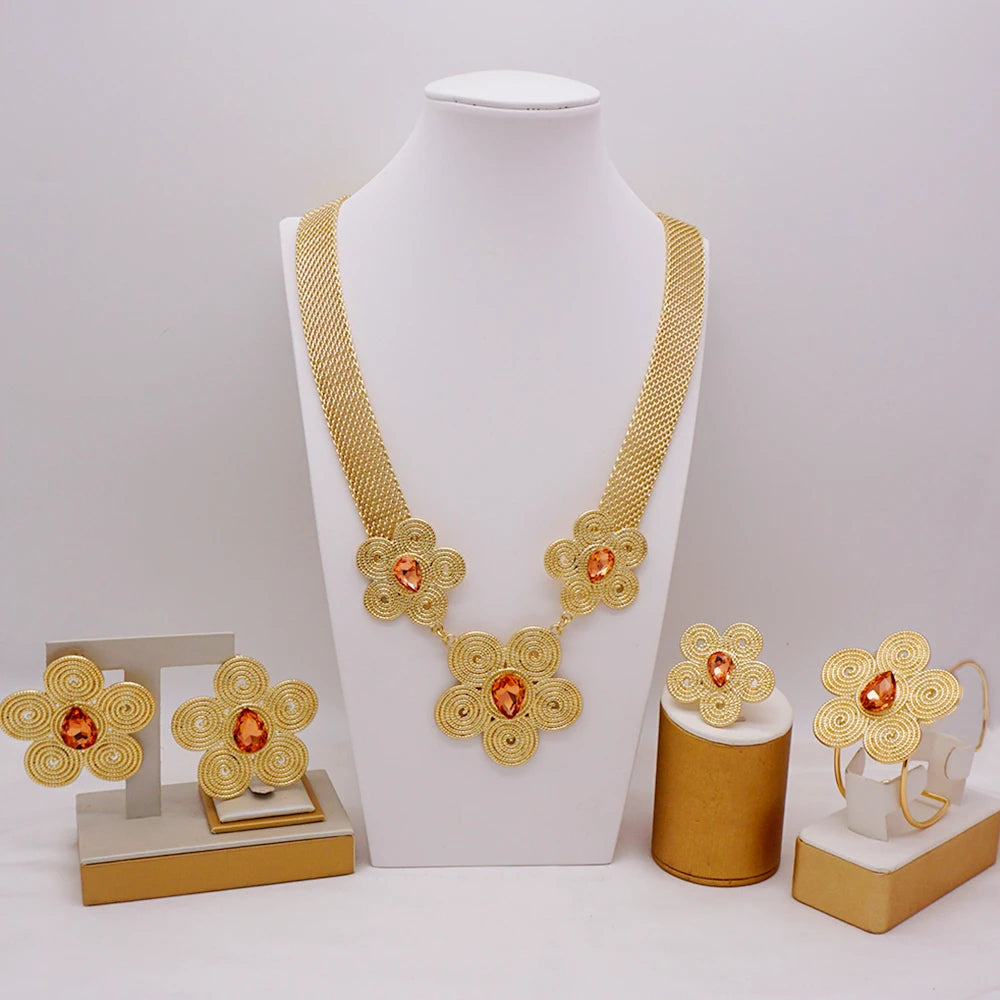 Dubai Gold Color Flower Jewelry Sets for Women Costume India Jewellery Set African Beads Jewelry Sets Wedding Gift