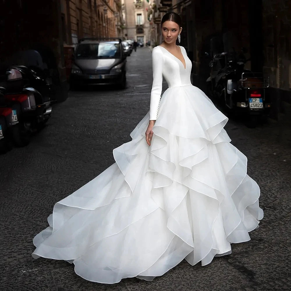 Gorgeous Wedding Dresses 2024 V-Neck Backless Modern Robes Long Sleeves Tiered Pleat Gowns Luxury Vestidos De Novia Customized - My Store