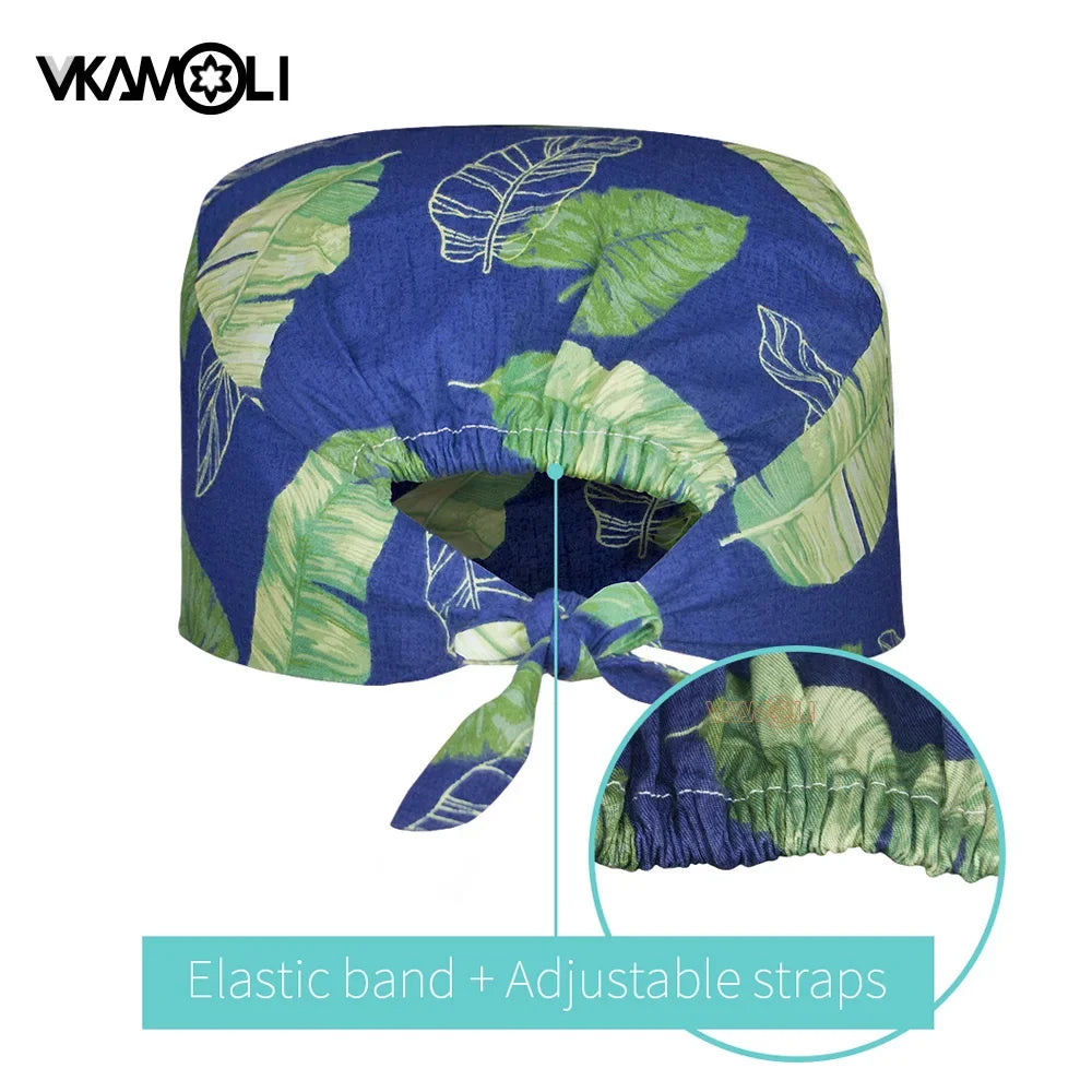 Flower Printing Scrub Caps Dental Print Scrubs Hat 100% Cotton Women Men Dust Proof Vet Dentist  Working Hats Tie Back Cap