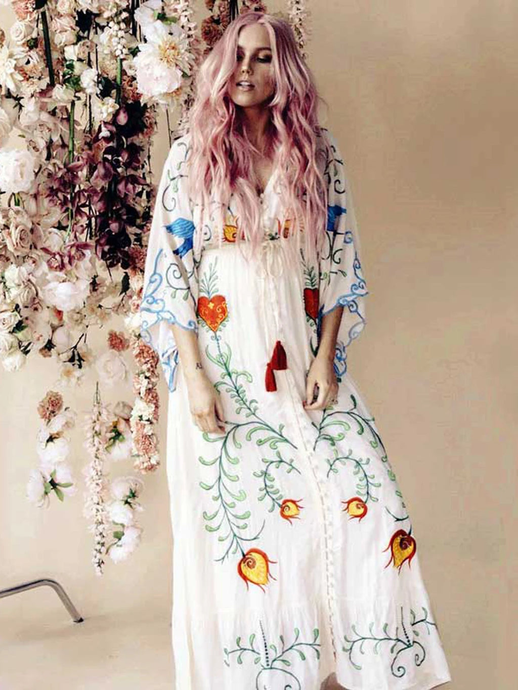 Jastie 2025 Spring Autumn Women Dress Loose Casual Kimono Dresses Floral Embroidered Maxi Dress Boho Ruffle Hem Beach Dresses