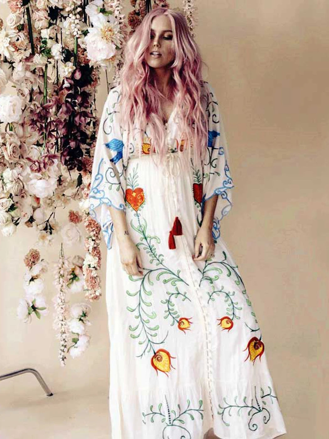 Jastie 2025 Spring Autumn Women Dress Loose Casual Kimono Dresses Floral Embroidered Maxi Dress Boho Ruffle Hem Beach Dresses