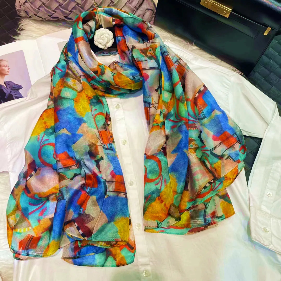 BYSIFA| Light Green Silk Scarf Ladies Fashion Spring Summer Floral Beach Scarves Shawls Fall Winter Long Scarves Wraps 180*110cm