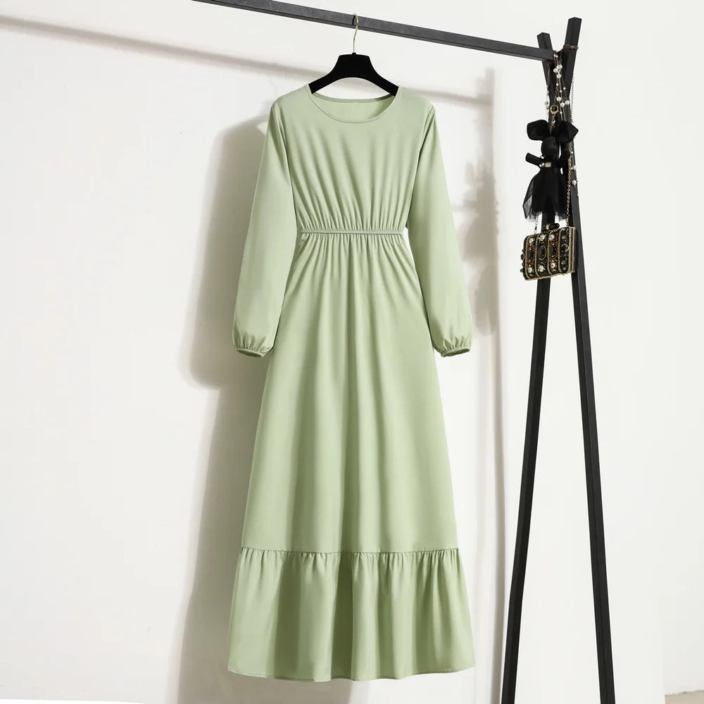 Women Long Dresses Spring Summer Full Sleeve O-Neck Casual Solid Chiffon Dress Muslim Dress Bohemian Maxi Dresses