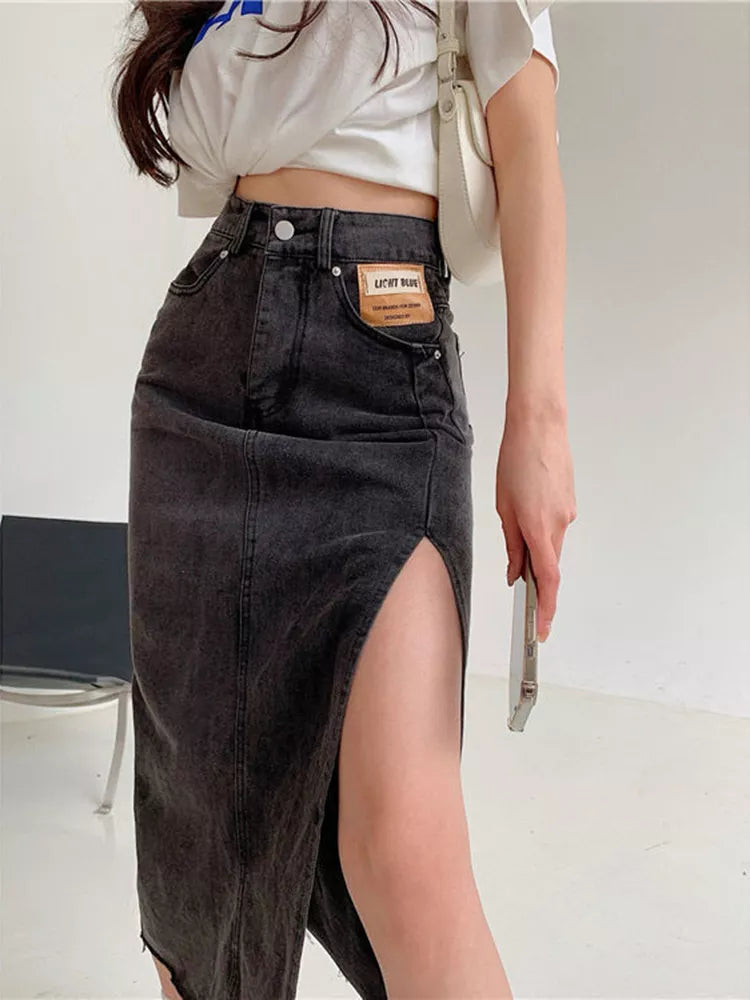 Streamgirl Maxi Jeans Skirt Women Denim Long Skirts Summer Vintage Maxi Skirt Side Split Denim Skirt Women Long Korean