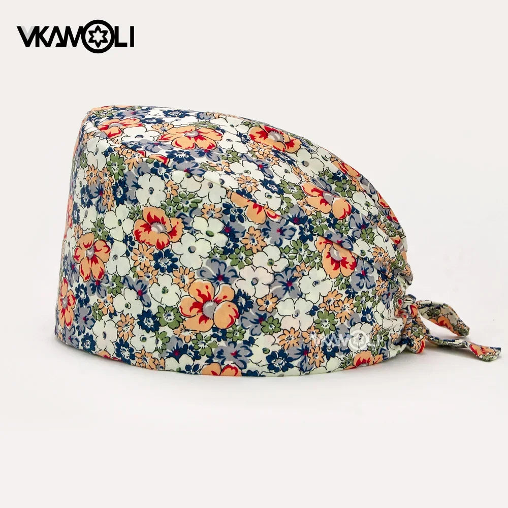 Flower Printing Scrub Caps Dental Print Scrubs Hat 100% Cotton Women Men Dust Proof Vet Dentist  Working Hats Tie Back Cap