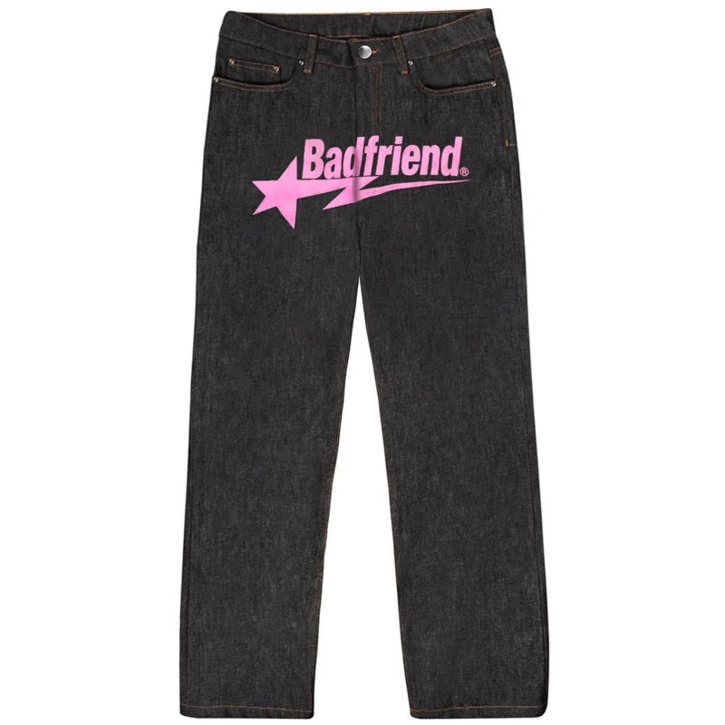 Y2k Men Retro Harajuku Clothing  New Baggy Casual Wide Leg Jeans Hip Hop Print Jeans Trend Fashion Black High Waist Jean