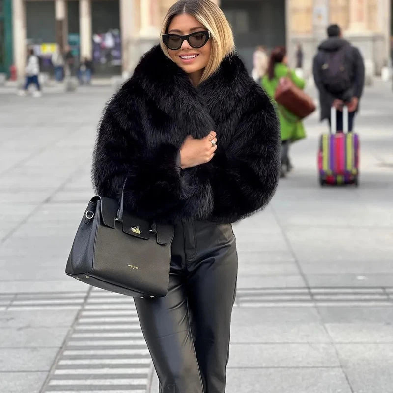 MUJER Black Faux Fur Coat for Women Autumn Winter Plush Coats and Jackets Streetwear Outerwears Long Sleeve Warm Womens Coats