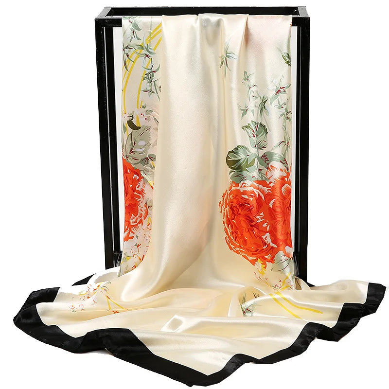 90cm Fashion Silk Satin Scarf for Women Headband Floral Print Kerchief Hijab Scarves Fermale Square Shawls and Wraps Neck Scarfs