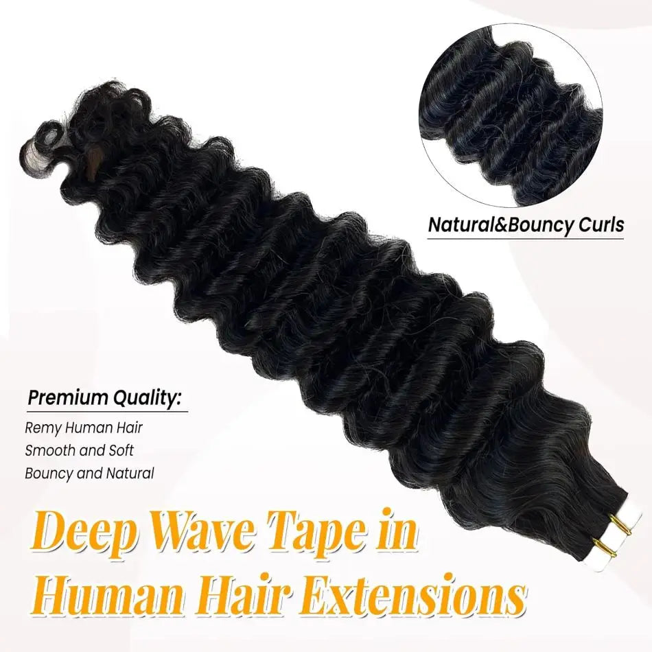 Deep Wave Tape in Extensions 100% Human Hair Deep Curly Tape on Hair Extensions Skin Weft Remy Natural Hair Extensions #1B