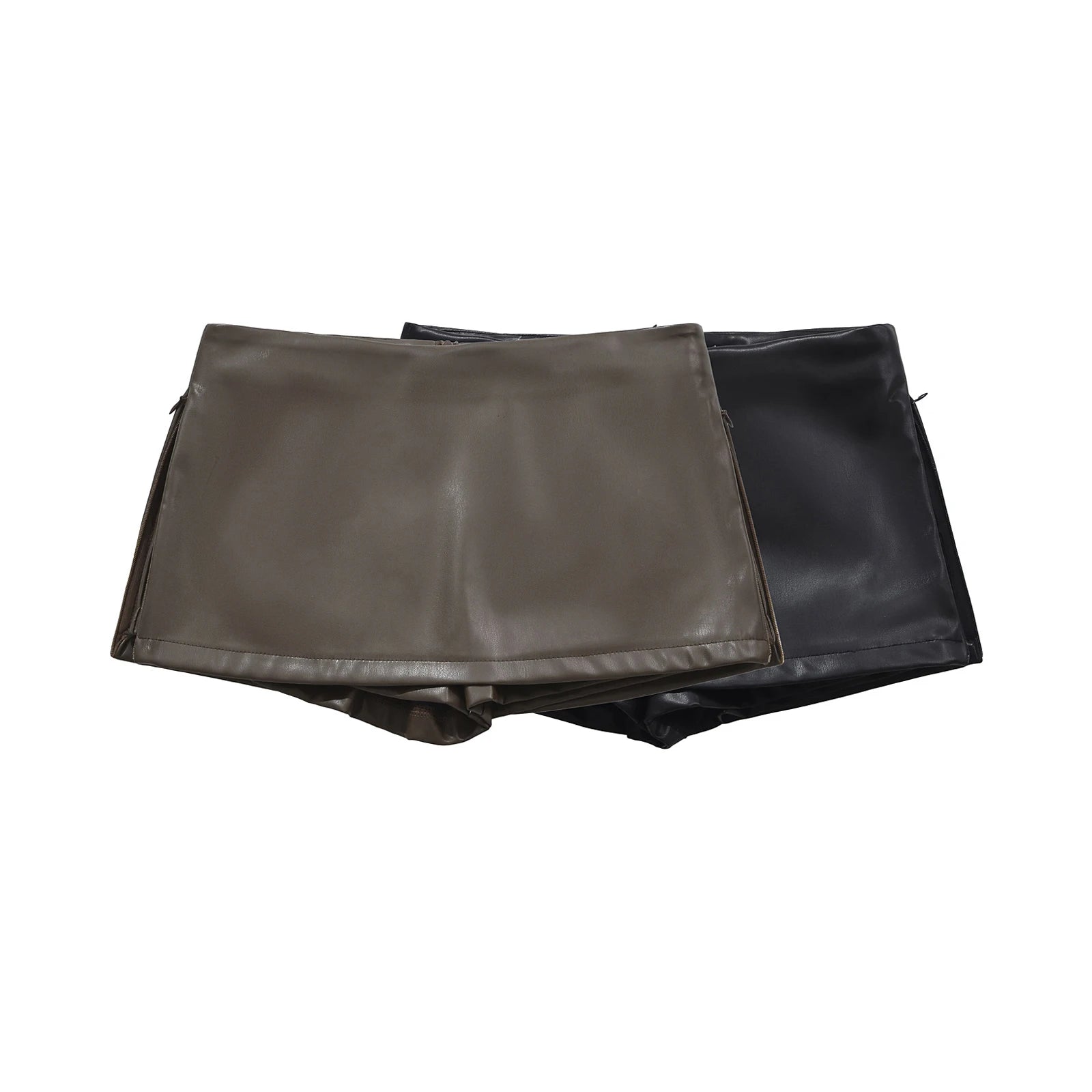 Faux Leather Mini Skirts Elegant  Korean Fashion Black PU Skirts for Woman Low Rise Skirt Zip Up Split Skirt With Shorts Brown