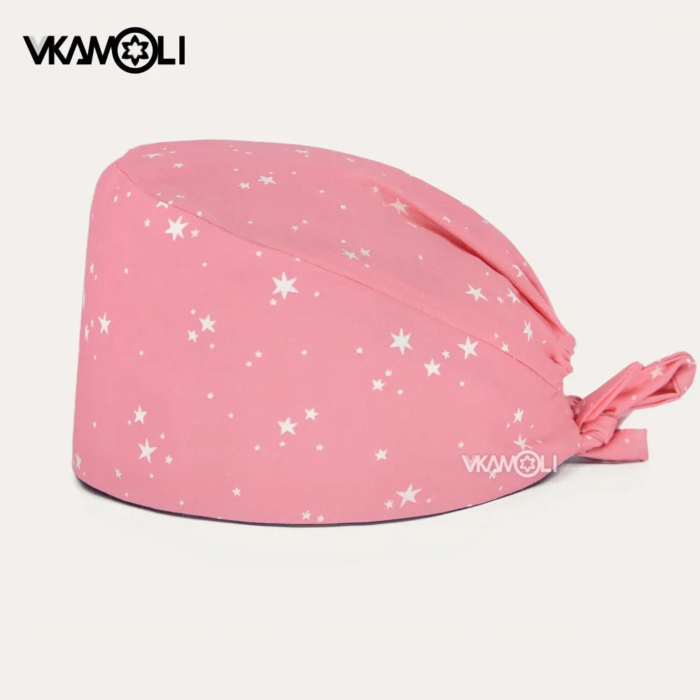 Flower Printing Scrub Caps Dental Print Scrubs Hat 100% Cotton Women Men Dust Proof Vet Dentist  Working Hats Tie Back Cap