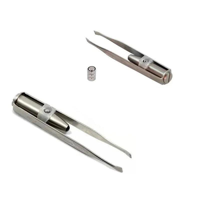 Professional Stainless Steel Makeup LED Light Slant Tip Hair Removal Eyelashes Eyebrow Tweezers Makeup Tool With Battery - My Store