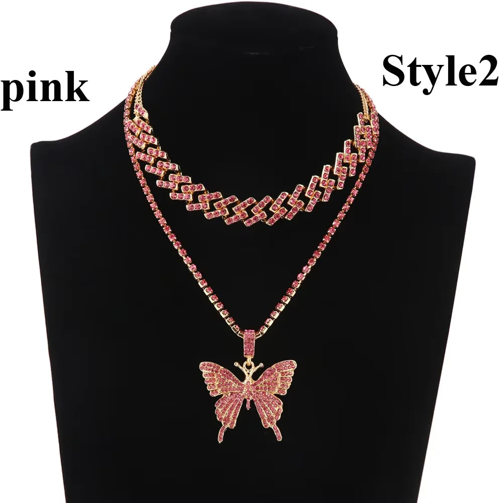Pink Butterfly Necklace Chain  Jewelry Luxury Female Crystal Neck Pendants Women Rhinestones Jewellery Wholesale