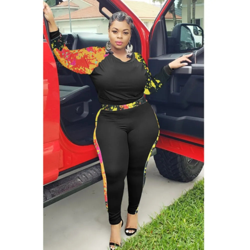 Plus Size L-4xl Women 2 Piece Set  Tie Dye Patchwork Strech Activewear Jogger Outfit Biker Matching Set Wholesale Dropshpping