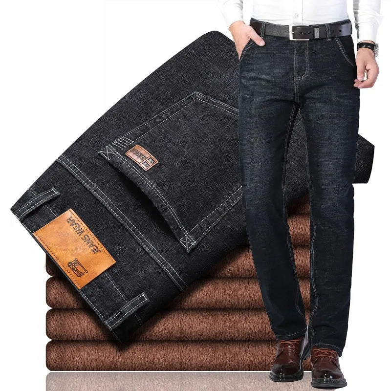 Witner  Slim Fit Stretch Thick Velvet Pants Warm Jeans Casual Grey  Fleece  Winter Jeans Men Black Elasticity Grey Jean