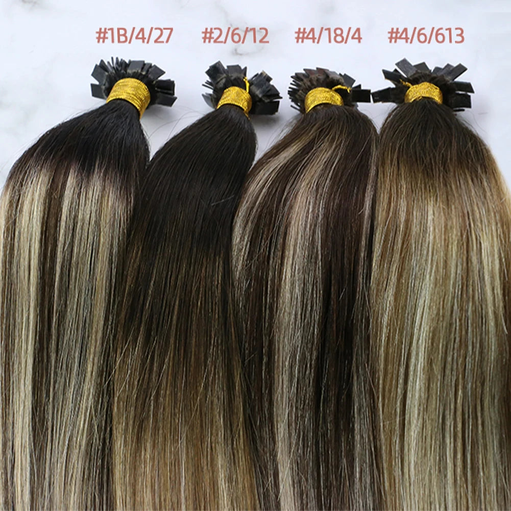 Ugeat Flat Tip Hair Extensions Human Hair Fushion Remy Hair 14-24" 50 Strands/Pack Natural Straight Keratin Hair Extensions