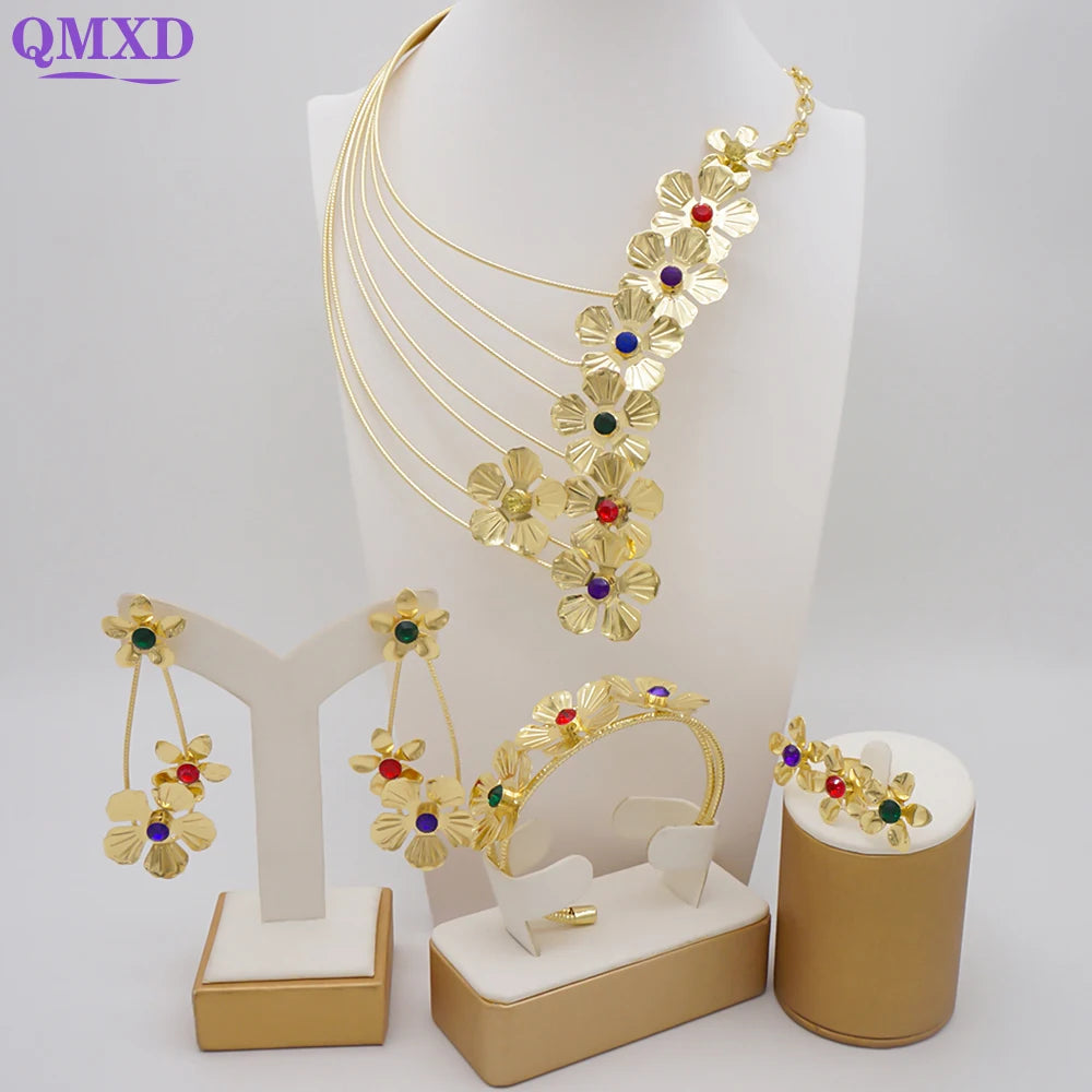 Dubai Gold Color Flower Jewelry Sets for Women Costume India Jewellery Set African Beads Jewelry Sets Wedding Gift