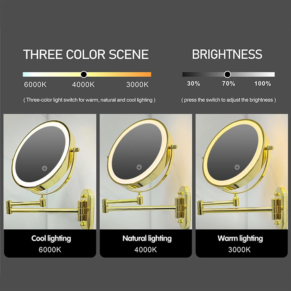 8 Inch Makeup Mirror Golden 3x/5x/7x/10x Magnifying Double Side USB Charging Bathroom 3 Color Light Smart Cosmetic Mirrors