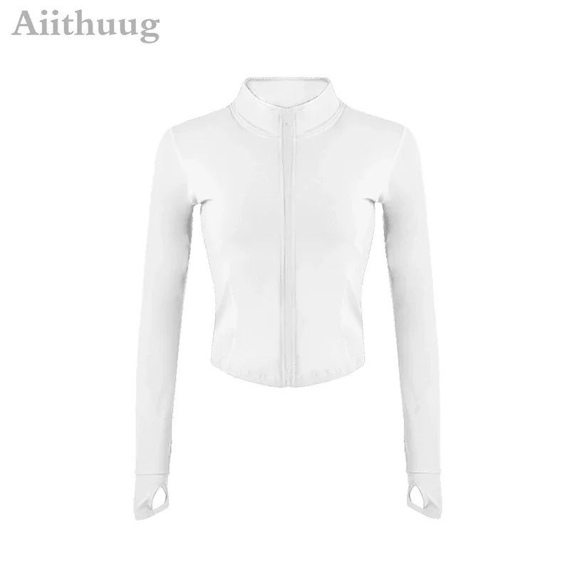 Aiithuug Women Full Zip-Up Yoga Top Workout Running Jackets With Thumb Holes Stretchy Fitted Long Sleeve Crop Tops Activewear