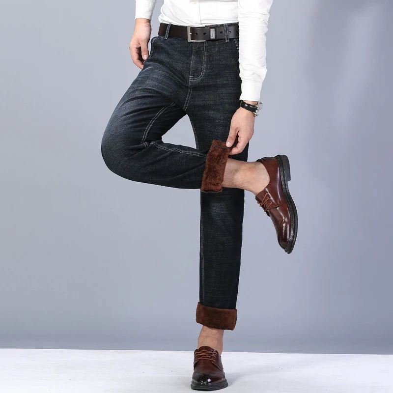 Witner  Slim Fit Stretch Thick Velvet Pants Warm Jeans Casual Grey  Fleece  Winter Jeans Men Black Elasticity Grey Jean