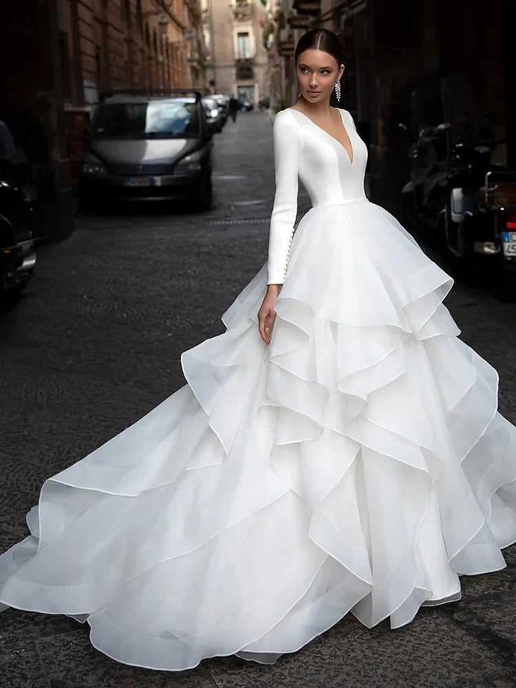 Gorgeous Wedding Dresses 2024 V-Neck Backless Modern Robes Long Sleeves Tiered Pleat Gowns Luxury Vestidos De Novia Customized - My Store