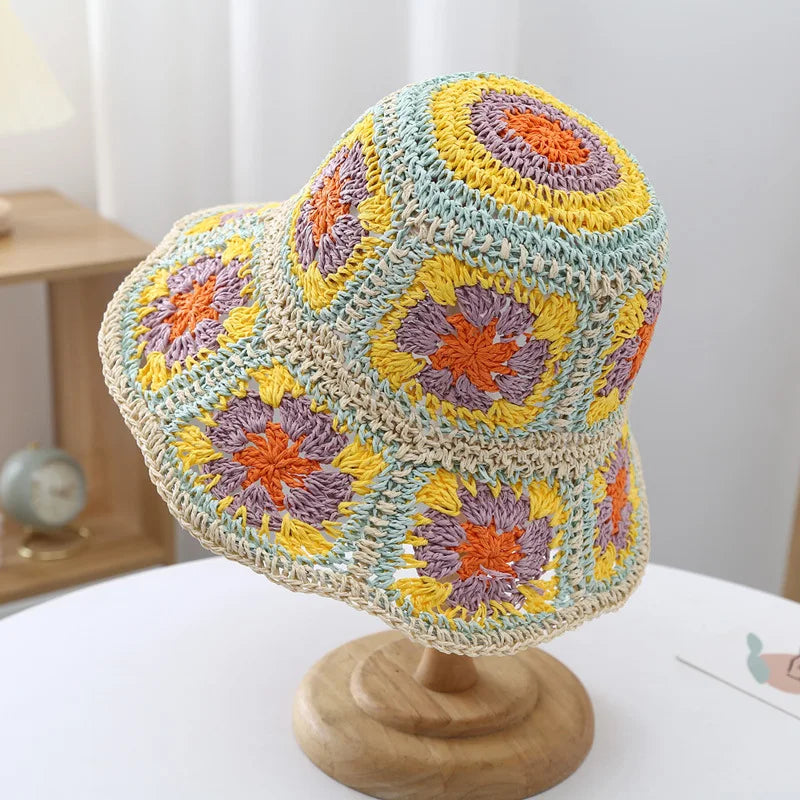 Casual Paisley Crochet Hat for Women Bohemian Knitted Bucket Hats National Straw Sun Hat for Girls Summer Beach Bali Hats 2022