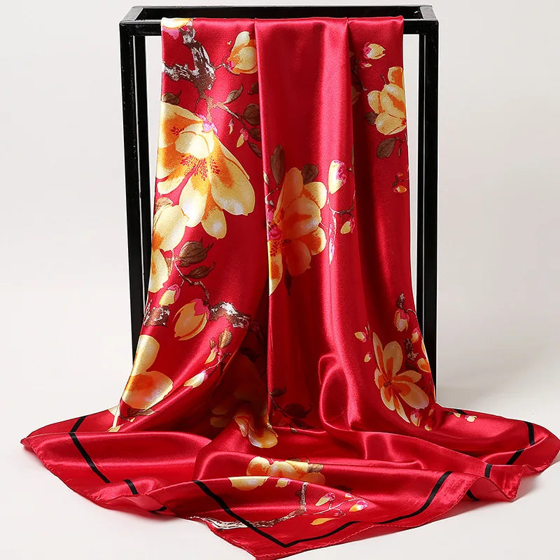90cm Fashion Silk Satin Scarf for Women Headband Floral Print Kerchief Hijab Scarves Fermale Square Shawls and Wraps Neck Scarfs