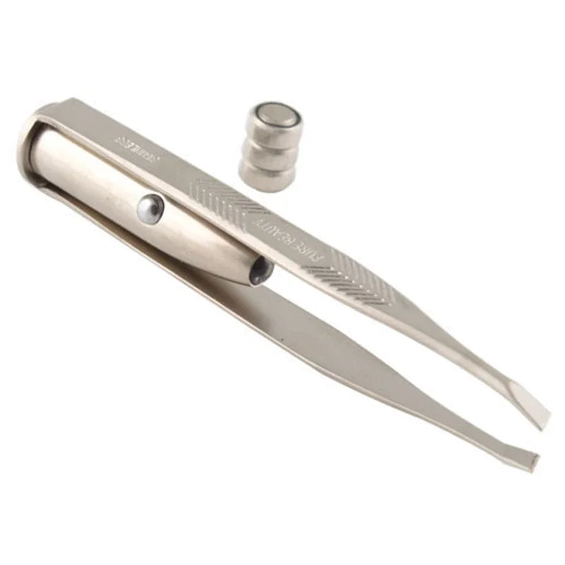 Professional Stainless Steel Makeup LED Light Slant Tip Hair Removal Eyelashes Eyebrow Tweezers Makeup Tool With Battery - My Store
