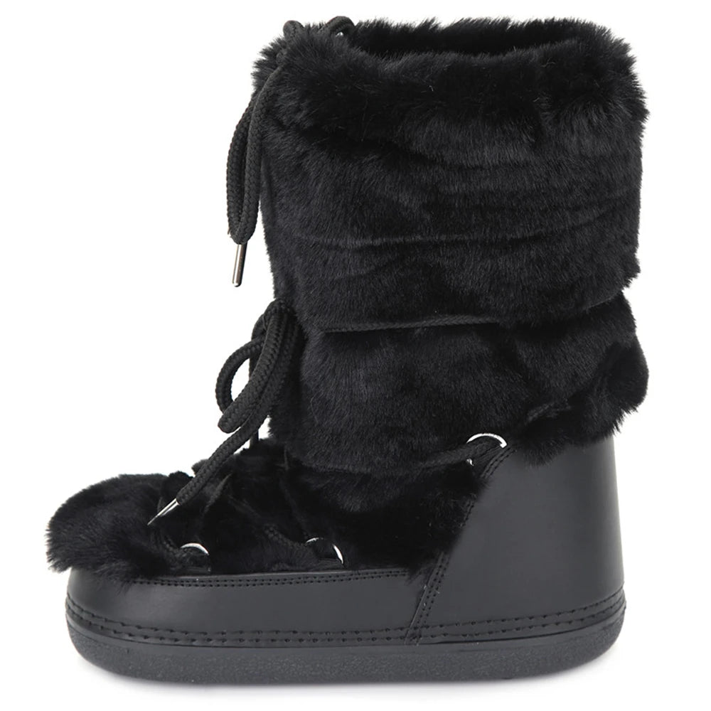 2025 Winter Boots Women Fur Boots Lace-Up Platform Snow Boots Brand Waterproof Non-Slip Warm Cotton Boots Leather Ski Boots