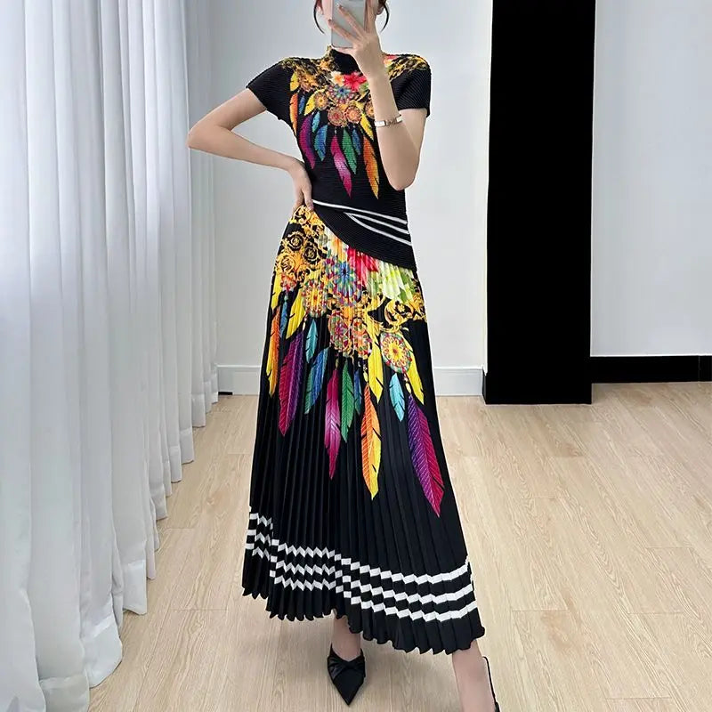 Elegant Two Piece Skirt Set Costume Women's Suit Skirts Pleated Skirt  Female Outfit Women's Casual Skirts Blouses Wrinkle Set