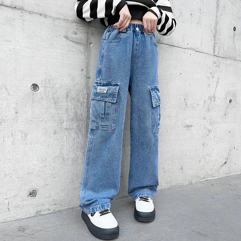 Jeans for Girls Kids Fashion Blue Wide Leg Pants 2025 Spring Autumn Children Korean Trousers Children's Clothing 6 8 10 12 14Yrs