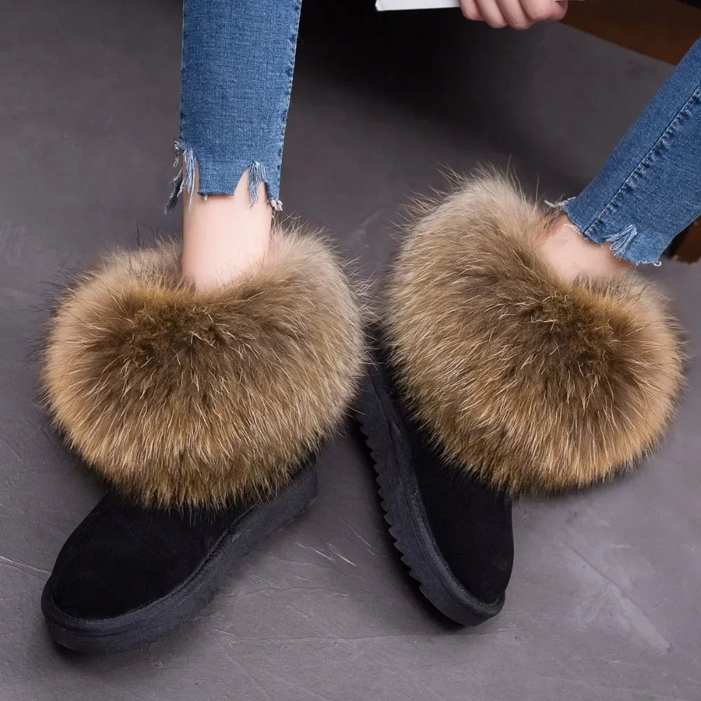 G&Zaco Luxury Winter Snow Boots Women Natural Real Fox Fur Boots Waterproof Genuine Suede Leather Boots Black Flat Short Boot