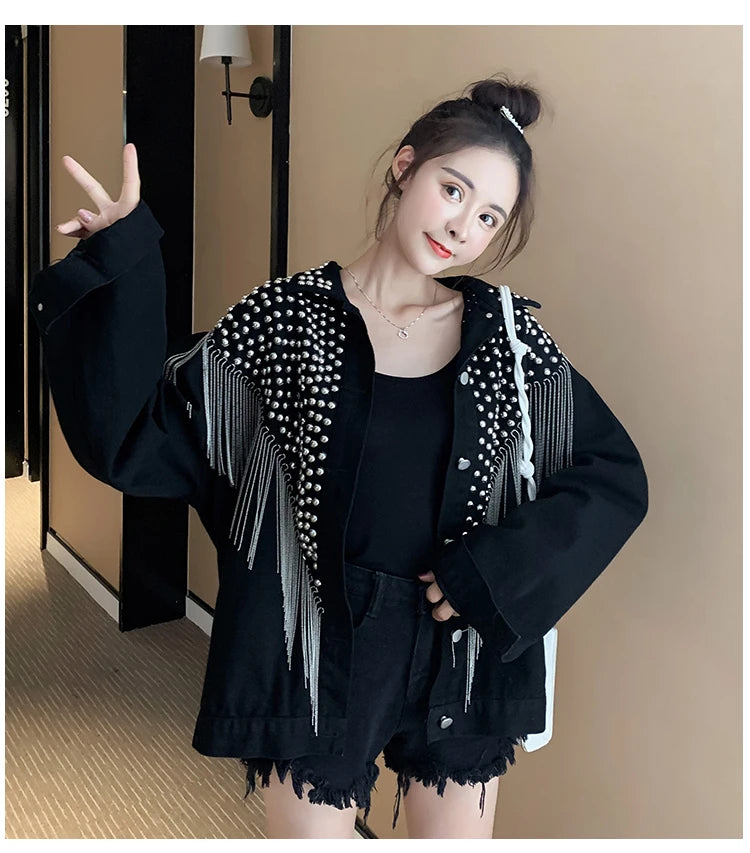 Autumn Denim Jacket Coat Women Rivet Tassel Chain Short Coats Woman Loose Streetwear Long Sleeve Black Coats Outerwear
