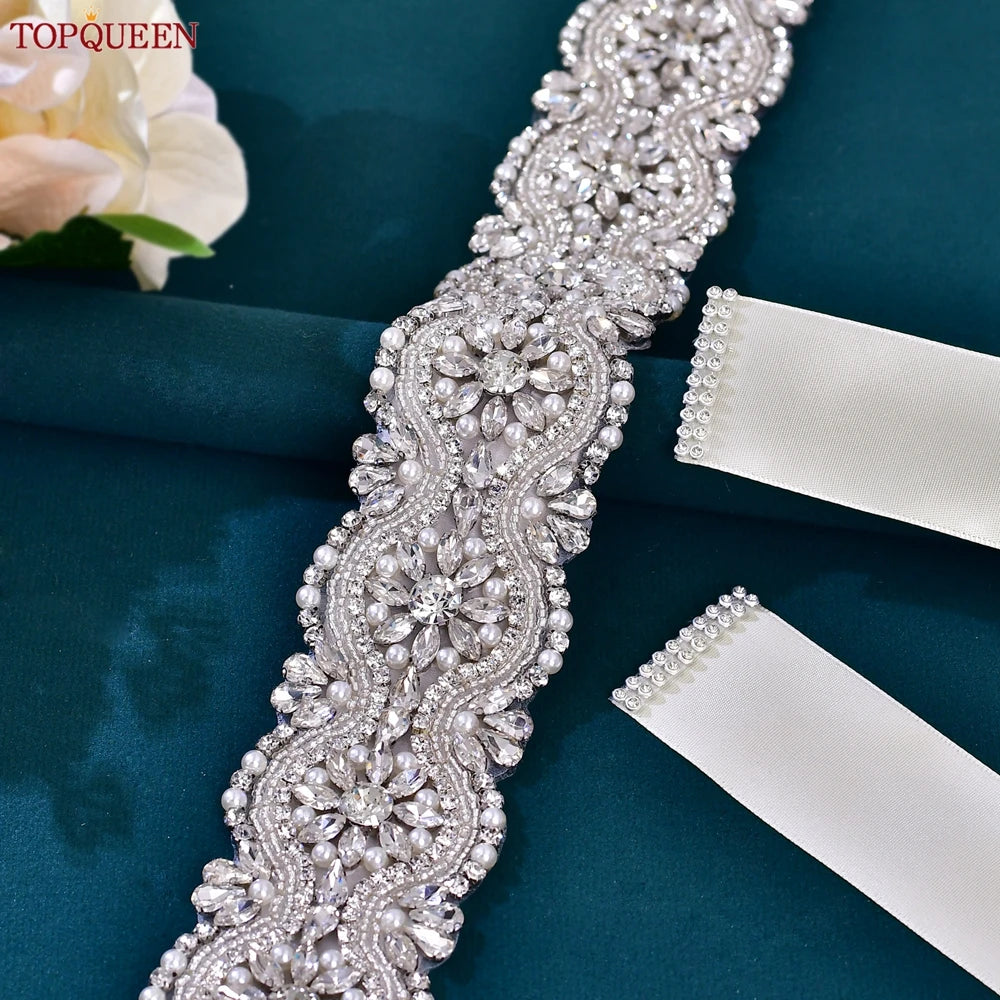 Topqueen Silver Rhinestone Belt Wedding Bride Belt Belts for Women Wide Rhinestones Appliques for Dresses Glitter Belt S04