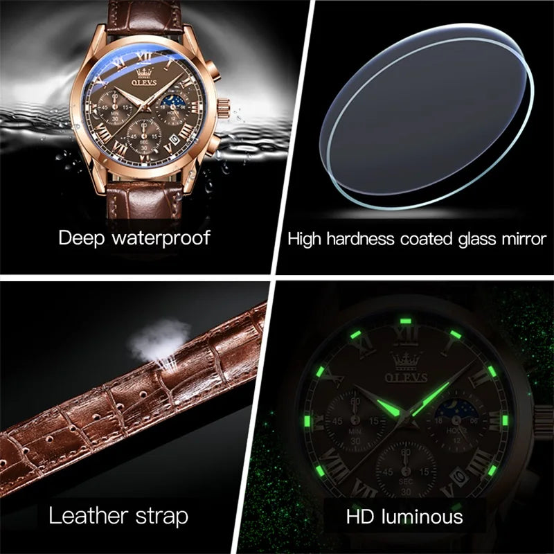OLEVS Quartz Watch for Men Top Brand Luxury Watches Moon Phase Waterproof Mens Watches Fashion Chronograph Wrist Watches for Men