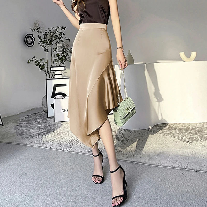 Elegant High Waist Satin Skirts Women Irregular Mermaid Skirt Fashion Streetwear Casual A-Line Skirts Office Lady Long Skirts