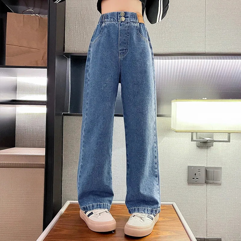 Jeans for Girls Kids Fashion Blue Wide Leg Pants 2025 Spring Autumn Children Korean Trousers Children's Clothing 6 8 10 12 14Yrs