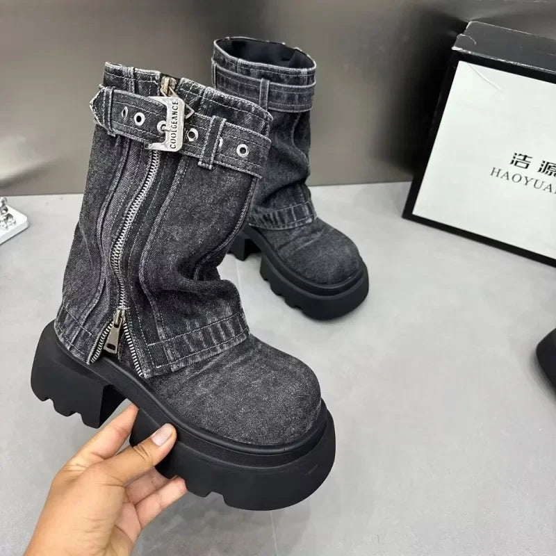 Denim Women Boots for Cowboy Mid-Calf Boots Zipper Ladies Platform Boots Mid Heels Designer Shoes 2024 Motorcycle Boot Zapatos