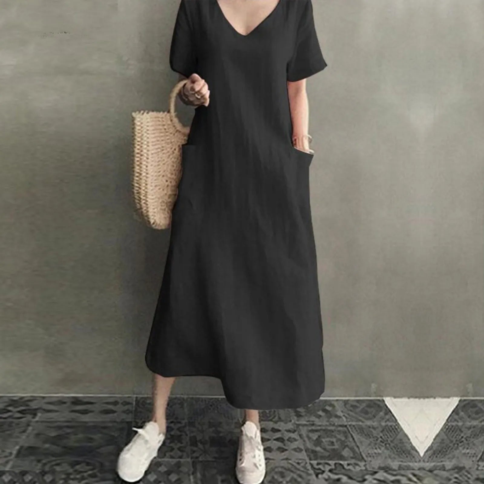 Summer Dresses Qutfits Causal Dress Short Sleeved Cotton Linen v Neck Dress With Pocket Loose Comfy Dresses Vestidos