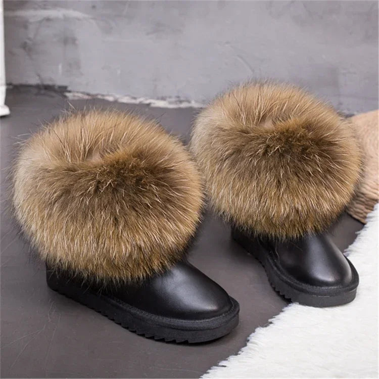 G&Zaco Luxury Winter Snow Boots Women Natural Real Fox Fur Boots Waterproof Genuine Suede Leather Boots Black Flat Short Boot