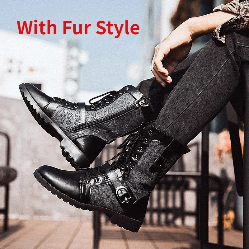 Winter Pointed Toe Men's Mid-Calf Boots Buckle Strap Chelsea Boot for Men Leather Mens Motorcycle Boots High Top Man Winter Shoe
