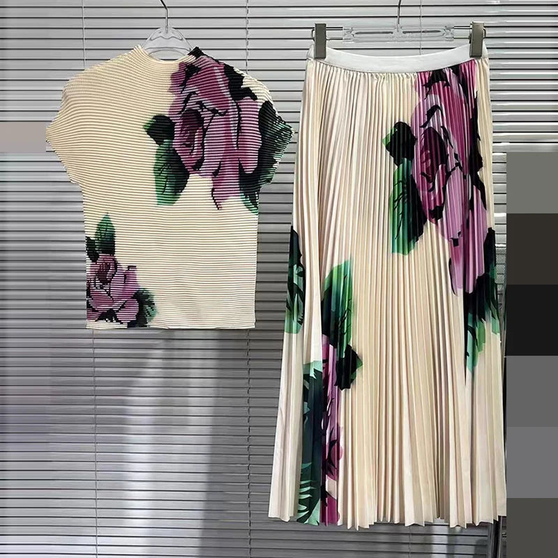 Elegant Two Piece Skirt Set Costume Women's Suit Skirts Pleated Skirt  Female Outfit Women's Casual Skirts Blouses Wrinkle Set