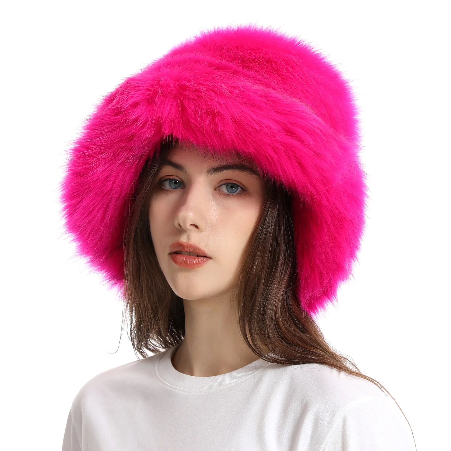 Warm Plush Bucket Hat Women Oversize Earflaps Fluffy Faux Fur Hats Fashion Furry Raccoon Fur Cotton Hat Winter Solid Color Hats